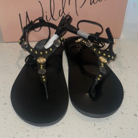Wild‎ Pair Black Sandals with Gold Accents - Picture 1 of 3